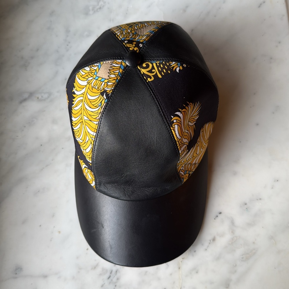 Hermes leather and scarf print baseball cap